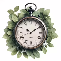 a clock with leaves surrounding it is shown