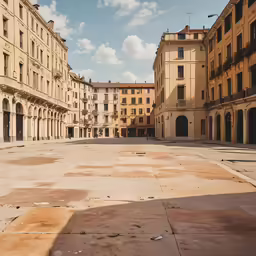 a view of an empty street between buildings