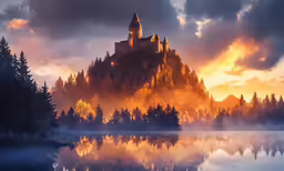 a castle is sitting on a mountain in the distance