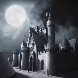 a castle with a full moon in the background