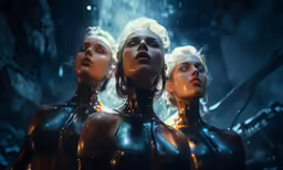 three women dressed in black leathers are staring