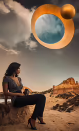 woman in black sitting on rock near desert area