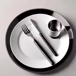 a black and white plate with two different forks and spoons