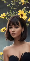 a woman with sunflowers on her hair
