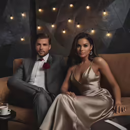 the young couple are posing on a couch