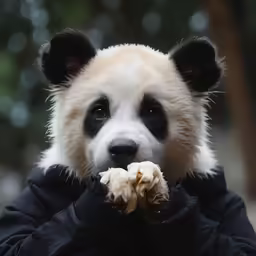 a panda eating a banana wearing a coat