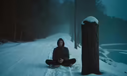 a person sits in the snow next to a tree