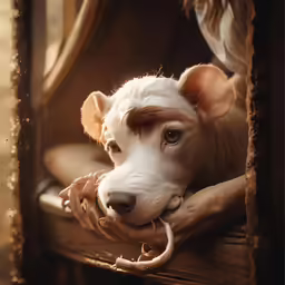 a white dog sitting on top of a wooden table
