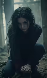 a young woman crouches down in the woods