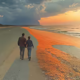 a couple walks down the beach to the ocean