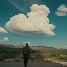 a man is walking with a backpack looking at the mountains