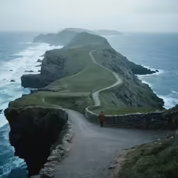 a man standing on the side of a road next to the ocean