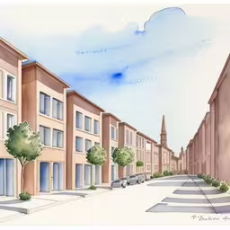there is a drawing of a building in the distance,a painting of a street lined with buildings,a drawing of a city street scene in watercolor,a street scene in watercolor with a sky background,a drawing of a street in a european city