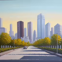 a cityscape of tall buildings and cars on the road