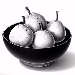three apples in a black bowl with one white apple