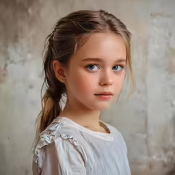 a little girl with a braid, looking up at the camera