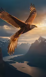 a brown bird soaring over water with a mountain in the background