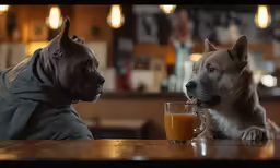 two dogs are sitting at a bar having a glass of orange juice