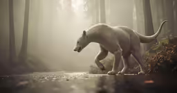 the white horse is walking along the path in the fog