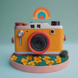 an old fashioned camera on display in front of a flower bed