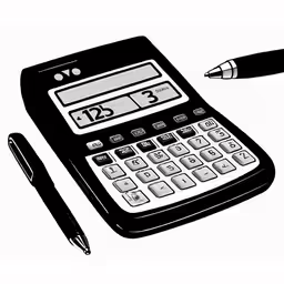 a black and white drawing of a calculator, pen and paper