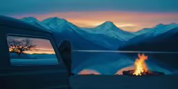 a camper van with its door open near a bonfire at dusk