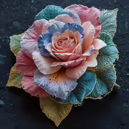 the pink, blue and white flower has some water droplets on it