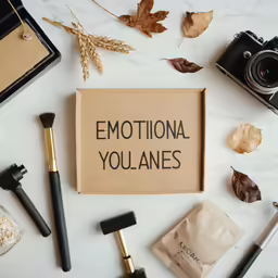 a box with the words emotiona youlanes next to cosmetics and makeup brushes