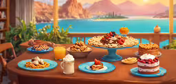 many plates of dessert sitting on the table,the desert is displayed on blue plates and plates of food