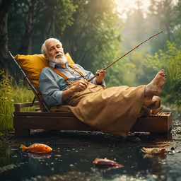 a man sitting in a swing next to a stream,a man laying on a wooden bench in a forest