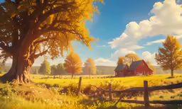 a painting depicting a farm scene with a barn, tree, and sun