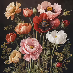 several flowers painted on the back of a painting