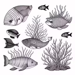 black and white sea life with fish on it