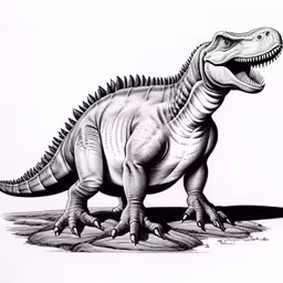 black and white drawing of an dinosaur on paper,the drawing shows the front end of an adult t - shirt