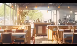 the dining room at a restaurant is empty and ready for patrons