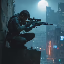 the person with a gun is looking at something
