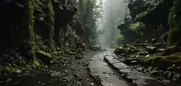 a path with rain drops leading up to some cliffs