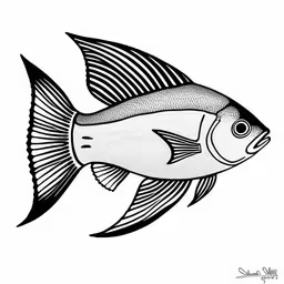 black and white image of an ornamental fish,a black and white fish is shown on a white background,a small fish drawn in ink on white paper,an ink drawing of a fish in black and white,an illustration of a black and white fish