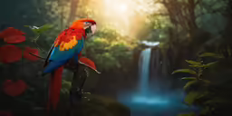 a parrot sitting on a branch in front of a waterfall