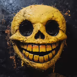 a fake yellow creepy looking head with dark eyes