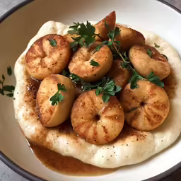 a white bowl filled with sauce and doughnuts