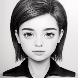 a female figure in black and white with a black collared shirt