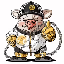 a cartoon pig wearing a baseball uniform and holding a chain