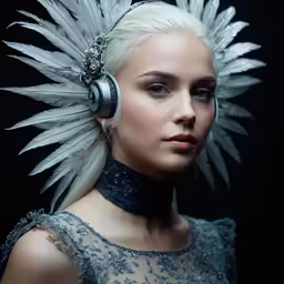 the lady is wearing silver headphones with big feathers
