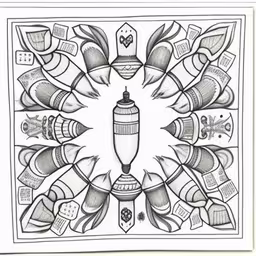 a drawing of a design with different objects,the art nouveau artwork has a picture of various items