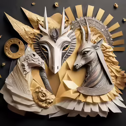 a paper sculpture of two people with masks on their faces