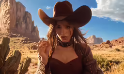 a woman in a cowboy hat posing with cacti