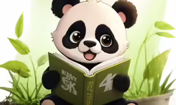 panda bear sitting in front of plants while reading a book