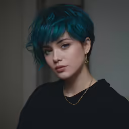 a woman with blue hair with her eyes closed