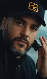 a man with a hat talks on the phone